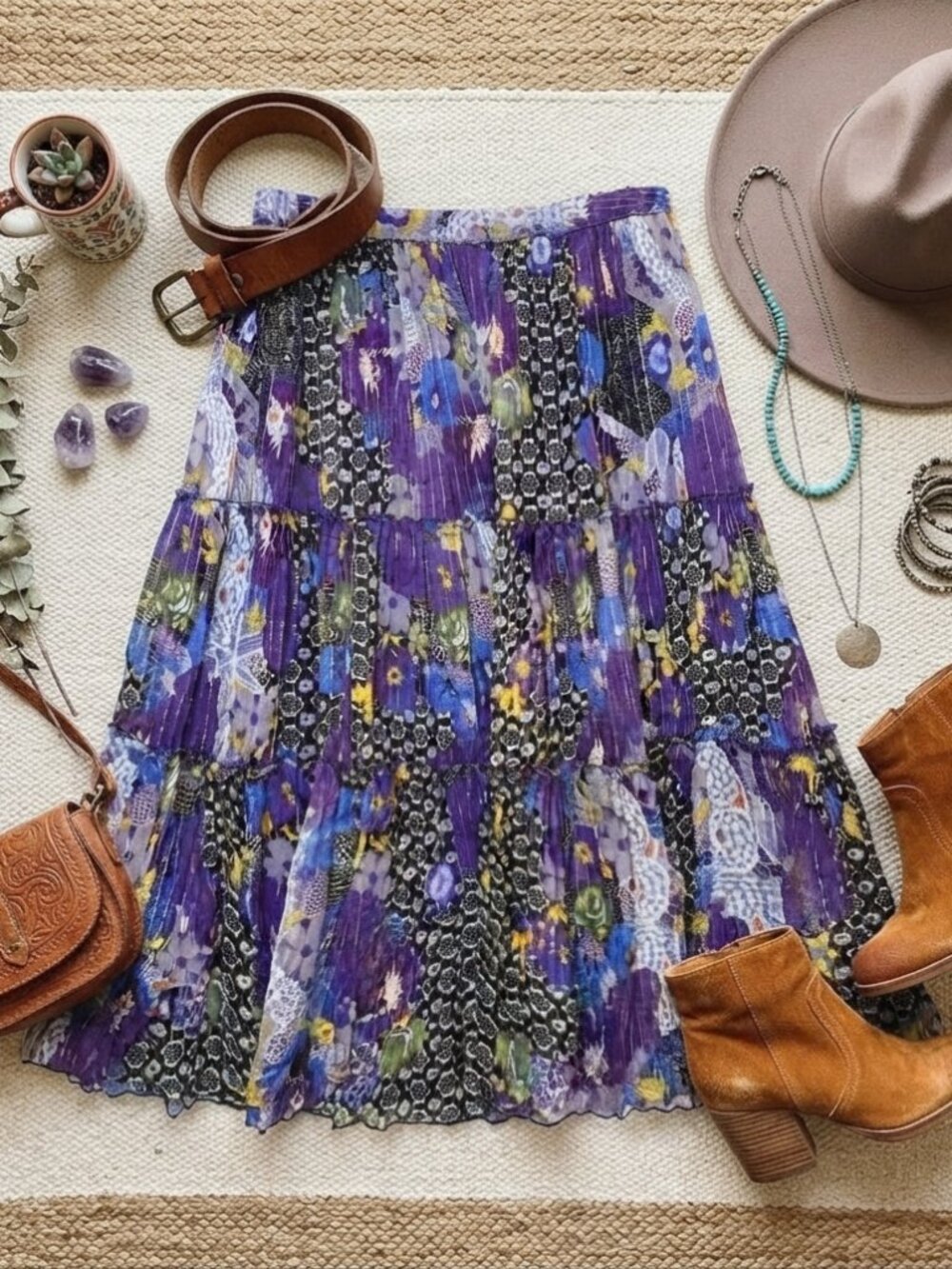 Peter Nygard Silk Skirt Petite Small PS Purple Metallic Floral Fairy Tiered Midi